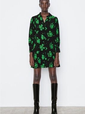 NWT Zara Floral Button-Front Shirt Dress in Black and Green Sz Small